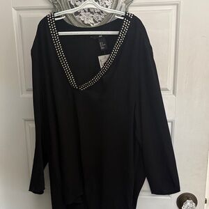 H&M Black Blouse with Studded V-Neck